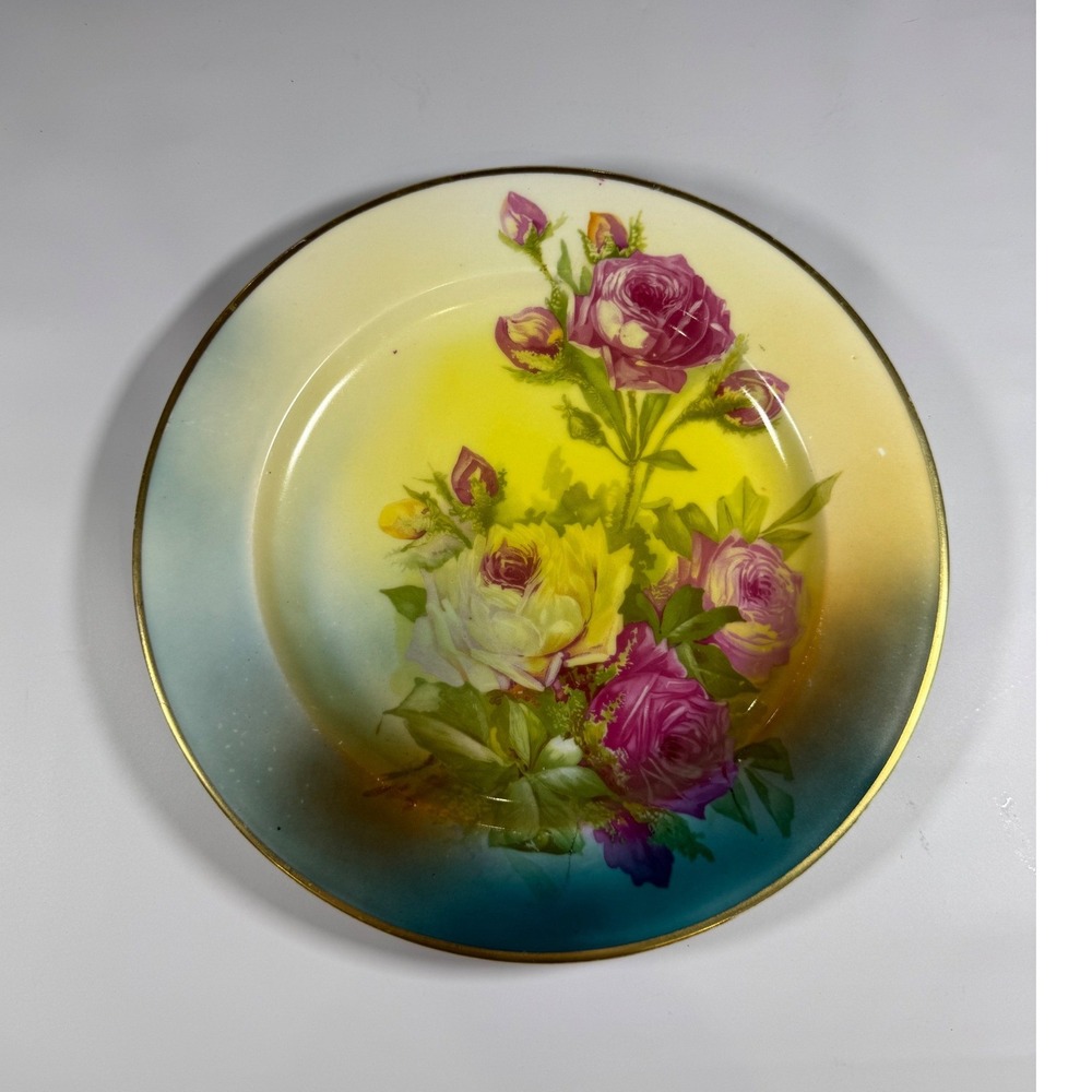 VTG Bavaria Hand Painted Floral Plate Porcelain 9.75" Multicolor Roses Gold Trim